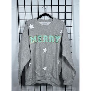 Custom Made Merry Christmas‎ Sweatshirt Womens L Gray Bleached Patches Stars